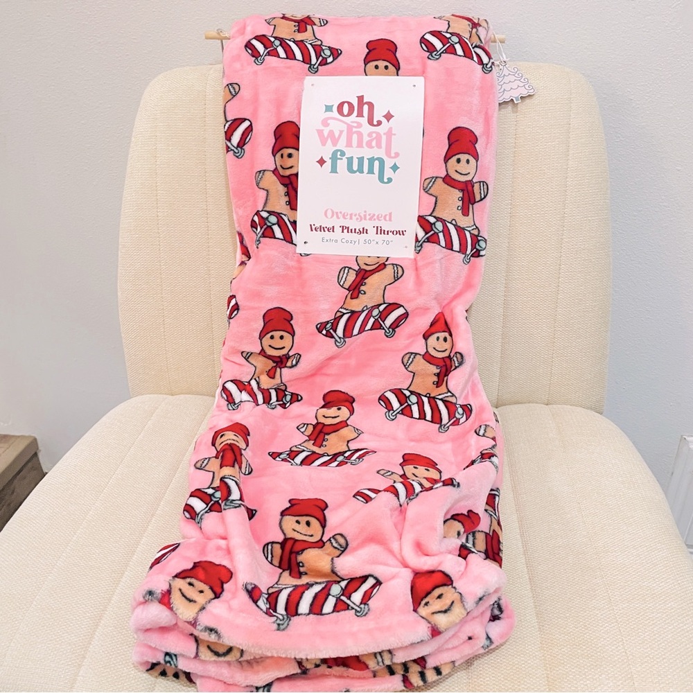 NEW Oh What Fun Pink Gingerbread Man Skateboard Oversized‎ Velvet Plush Throw